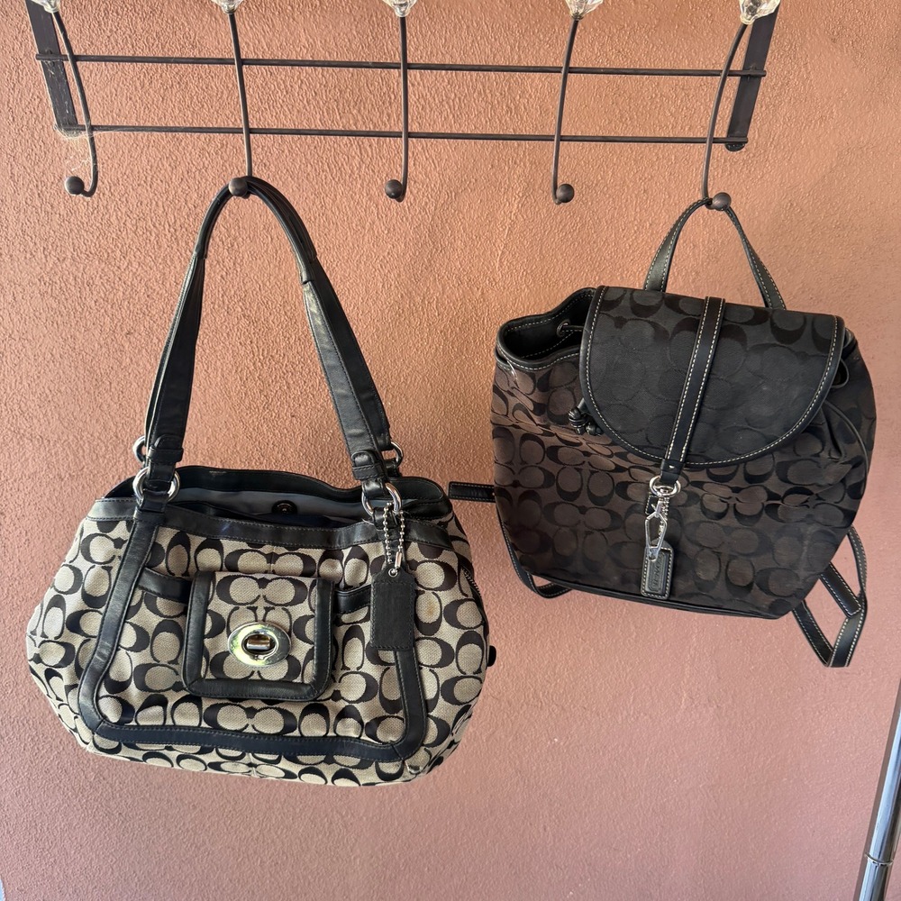 Vintage Coach Signature Jacquard Shoulder Bag Mini Backpack Black Grey Set